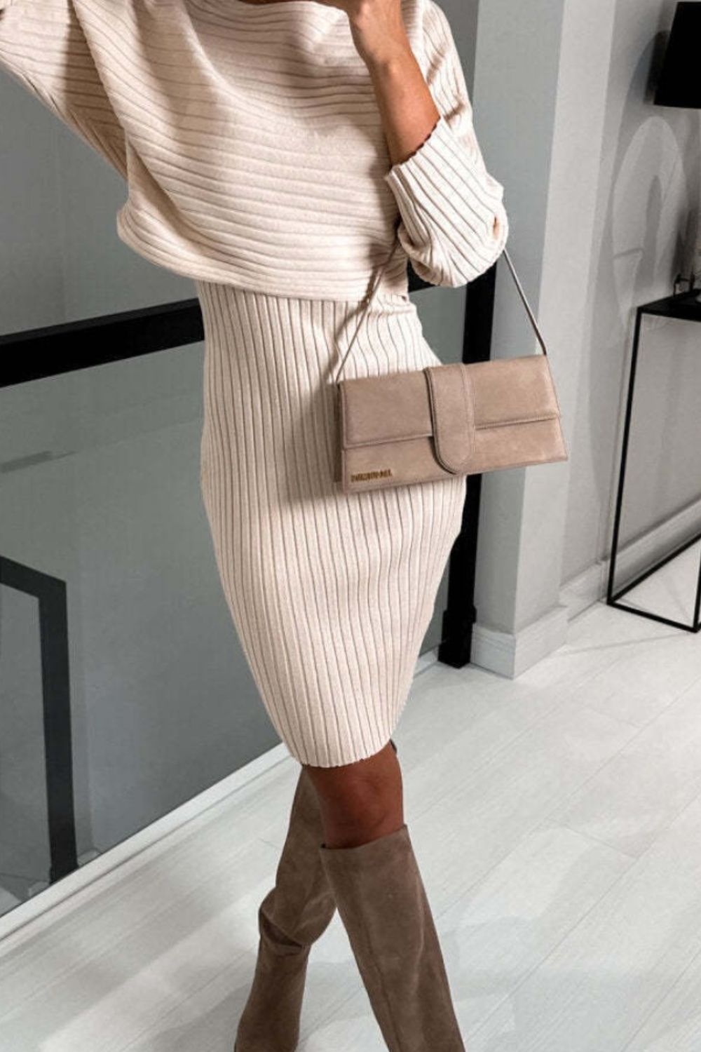 Ribbed Round Neck Top and Cami Dress Sweater Set