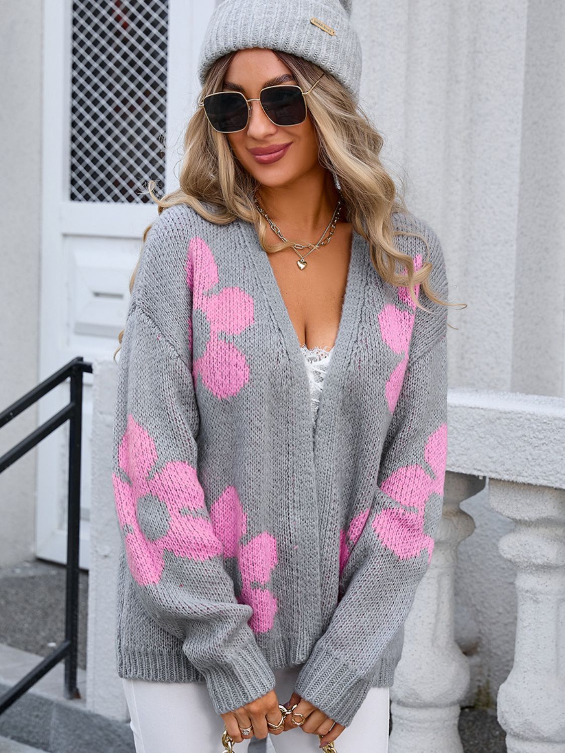 Flower Open Front Long Sleeve Cardigan