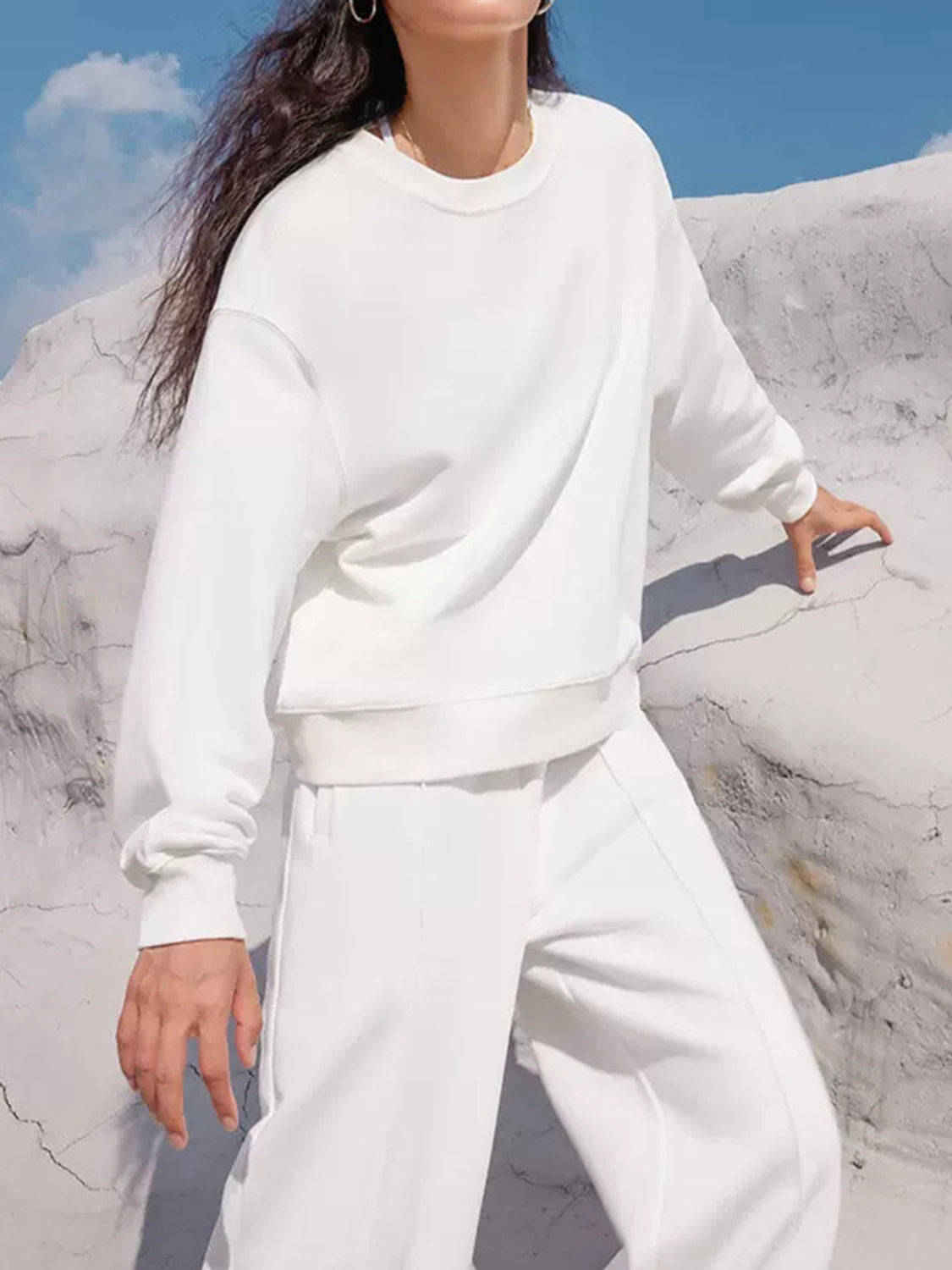 Round Neck Long Sleeve Top and Elastic Waist Pants Set