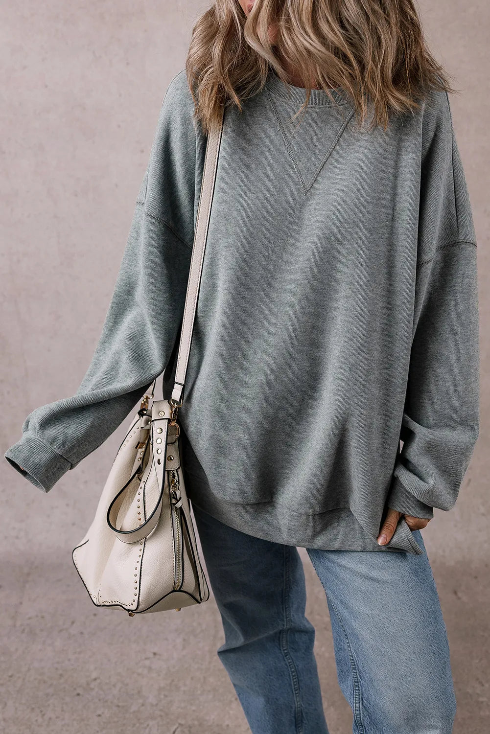 Slit Round Neck Long Sleeve Sweatshirt