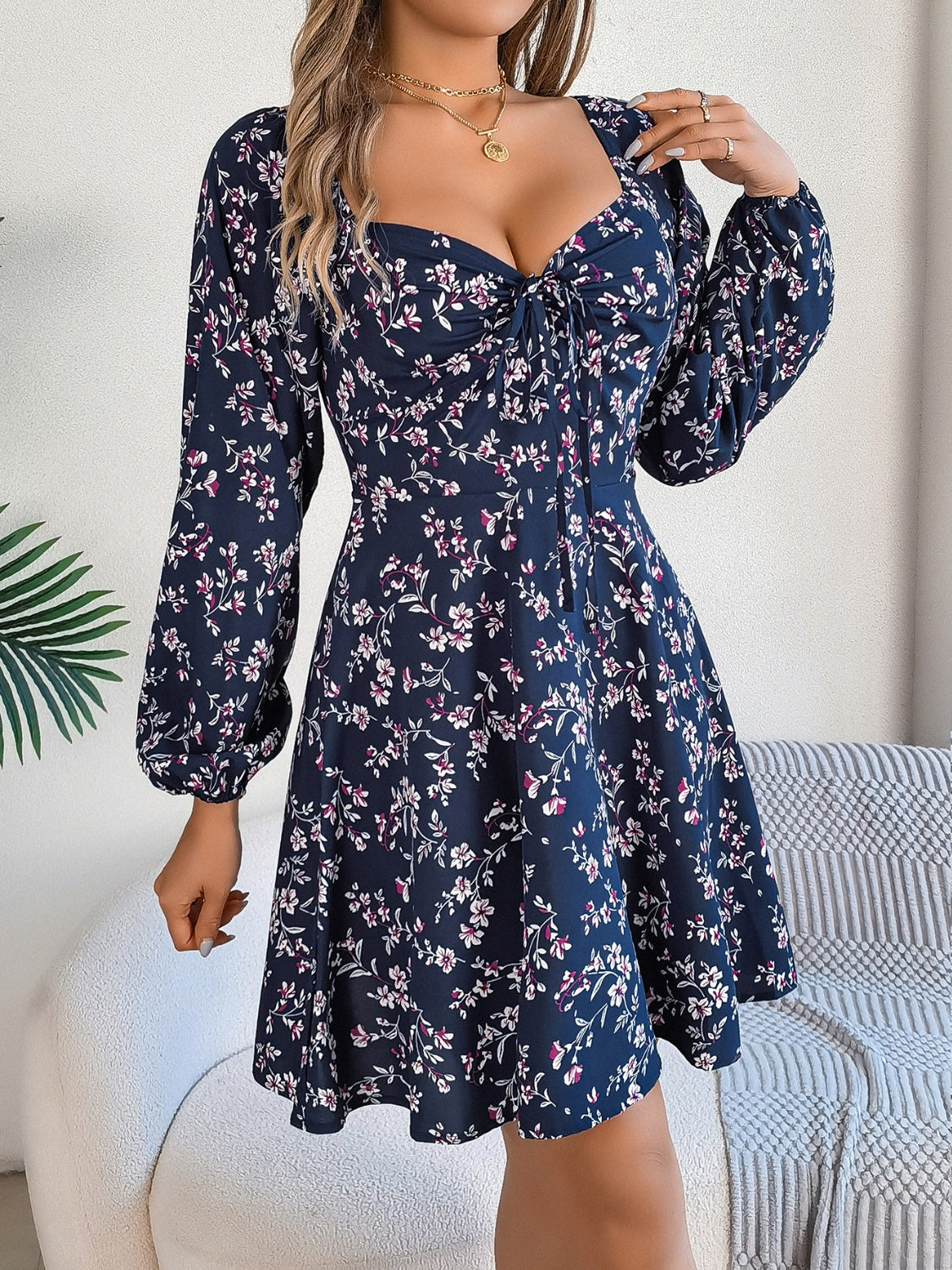 Printed Sweetheart Neck Balloon Sleeve Mini Dress