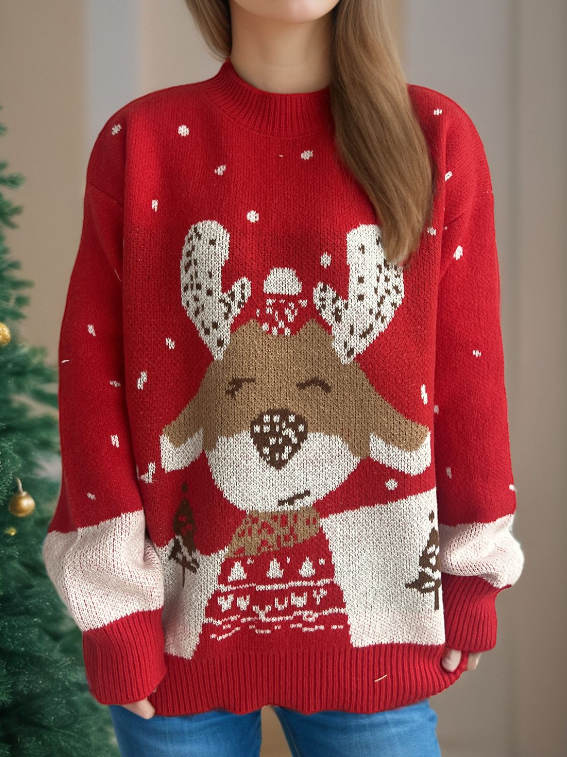 Reindeer Mock Neck Long Sleeve Sweater