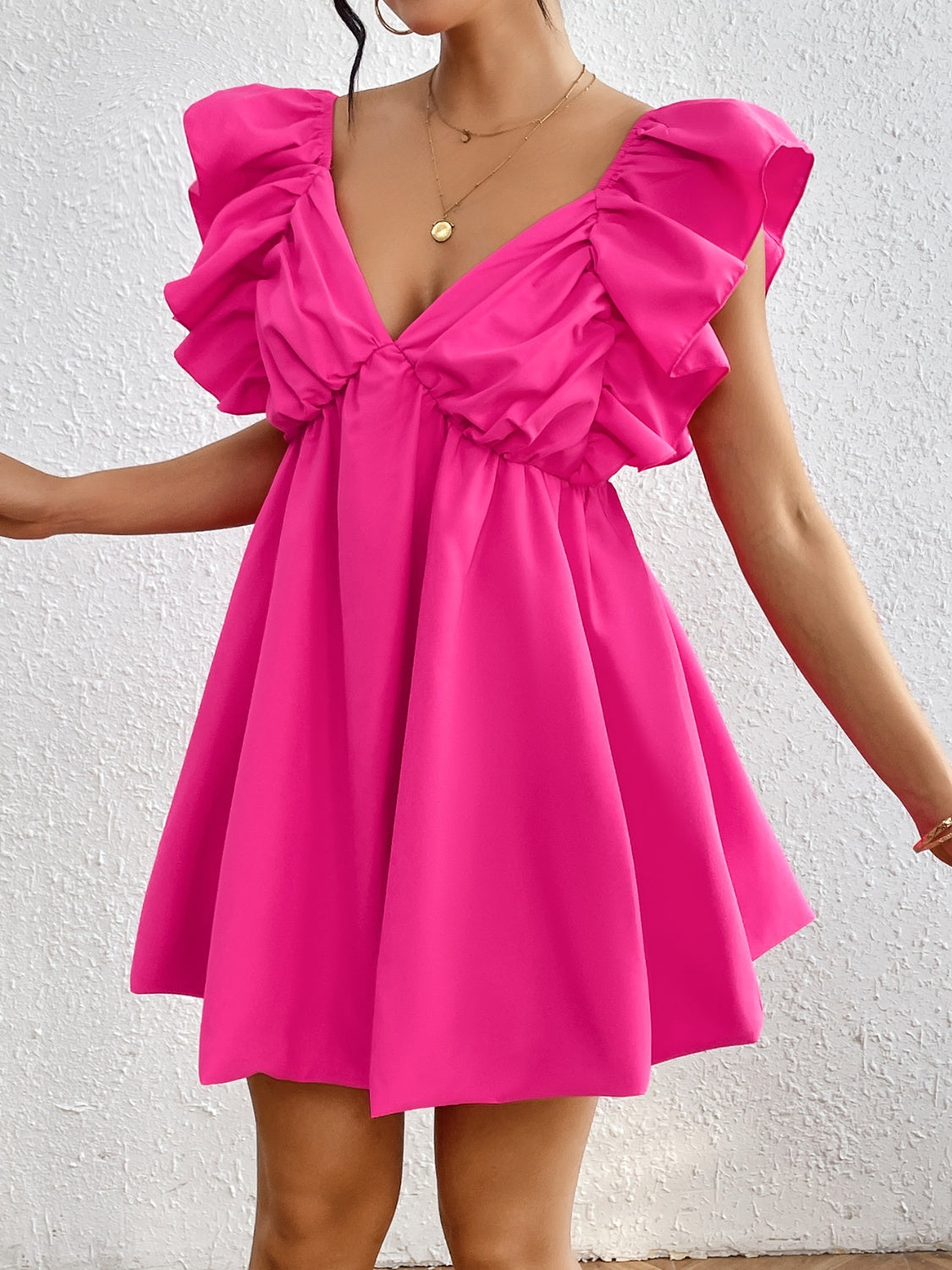 Honey Ruffled V-Neck Cap Sleeve Mini Dress