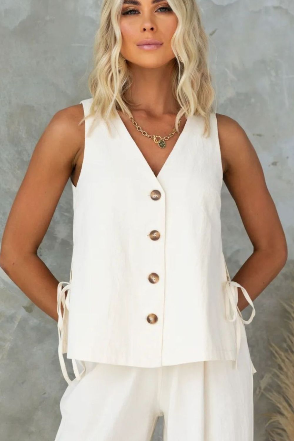 Tied V-Neck Sleeveless Top and Pants Set